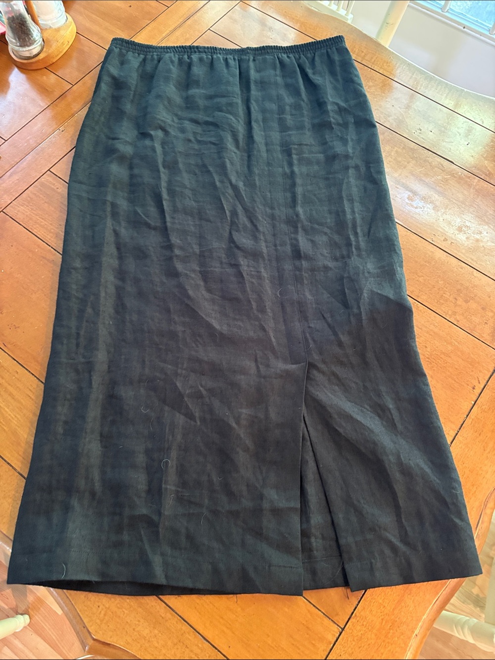 European Vintage Black Linen Midi Skirt with Front Slit, equals US size 10